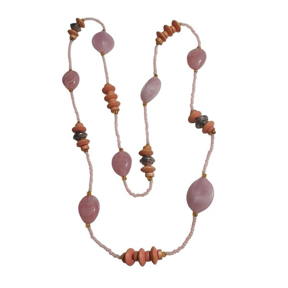 Pink Beaded Necklace Wooden Accents Statement Jewelry 28 In Handmade Rustic Boho - Picture 1 of 4
